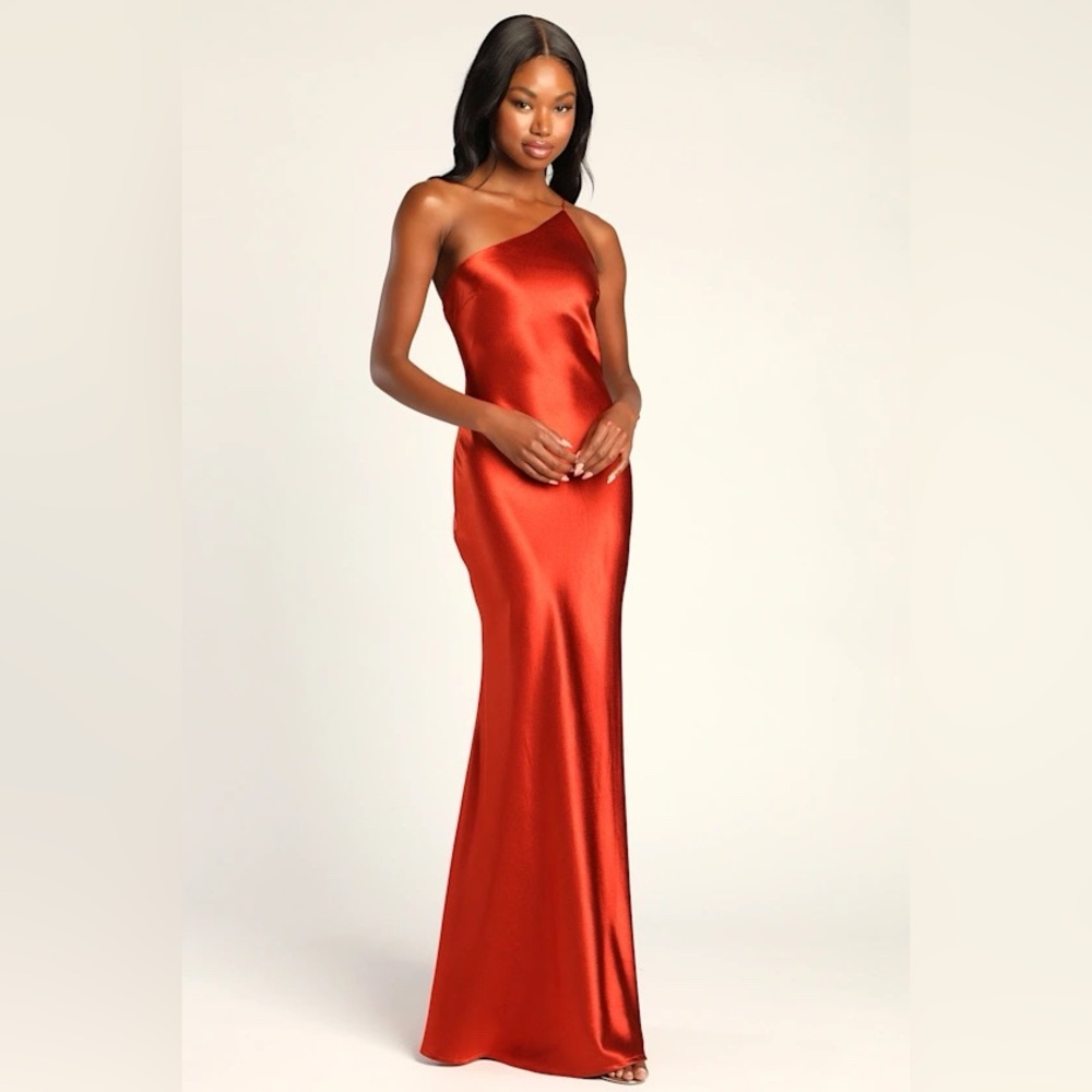NWT Lulu’s Forever Begins Now Rust Satin One-Shoulder Maxi Dress
